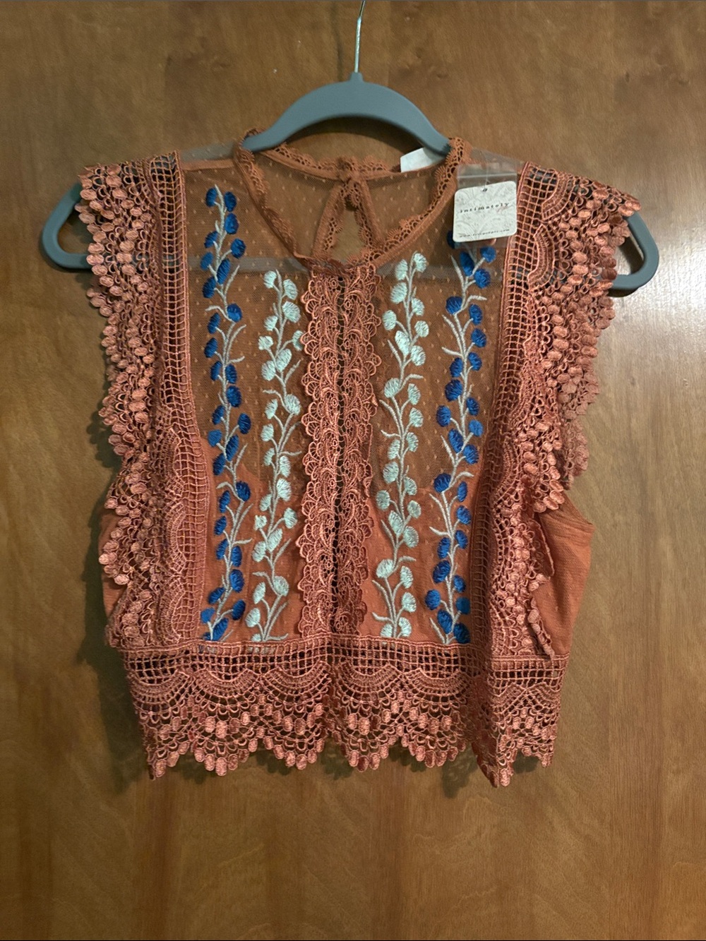Free People Rustembroidered Lace Trim Camisole with Blue and Cream Accents
